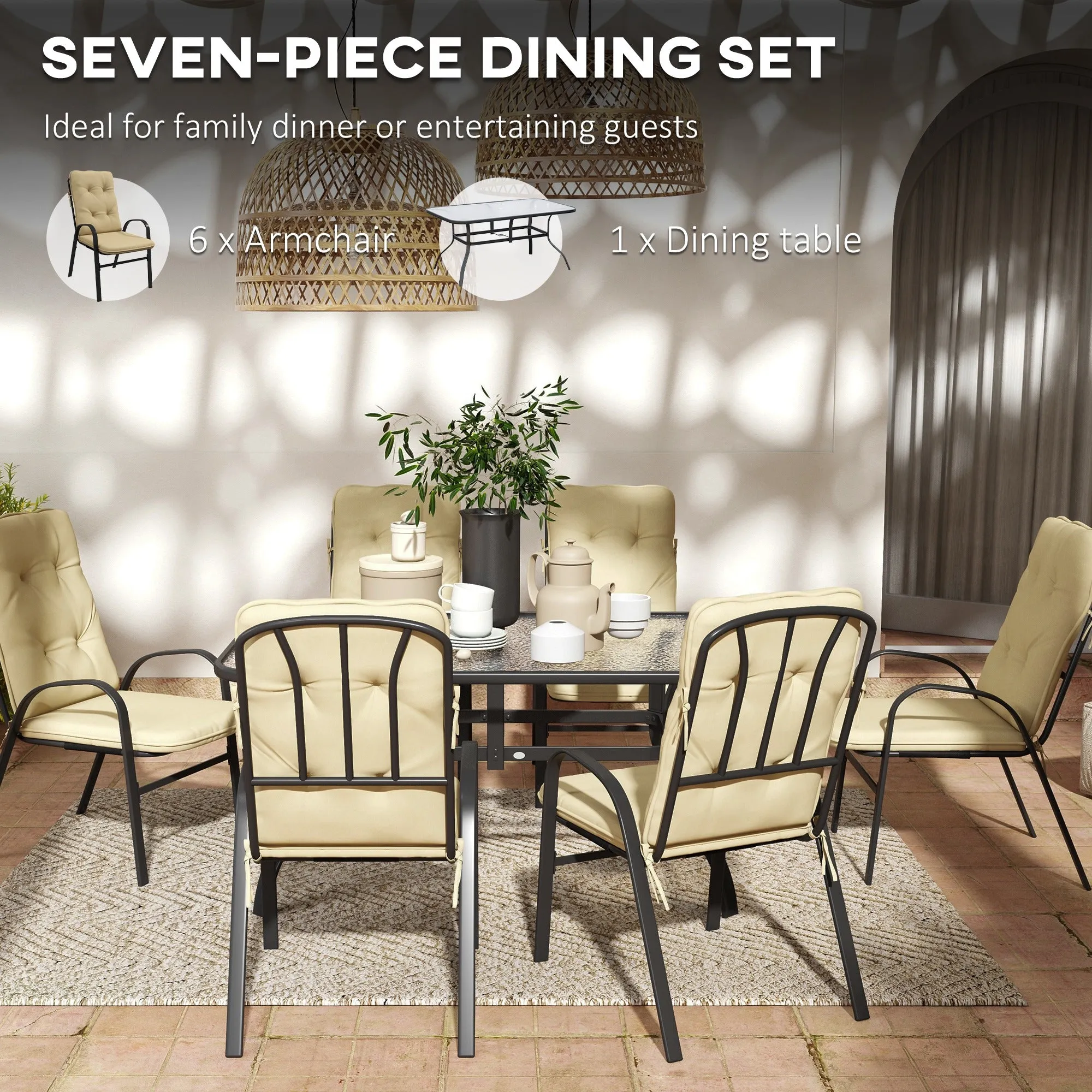 7 Piece Garden Dining Set, Outdoor Dining Table and 6 Cushioned Armchairs, Tempered Glass Top Table w/ Umbrella Hole, Texteline Seats, Beige