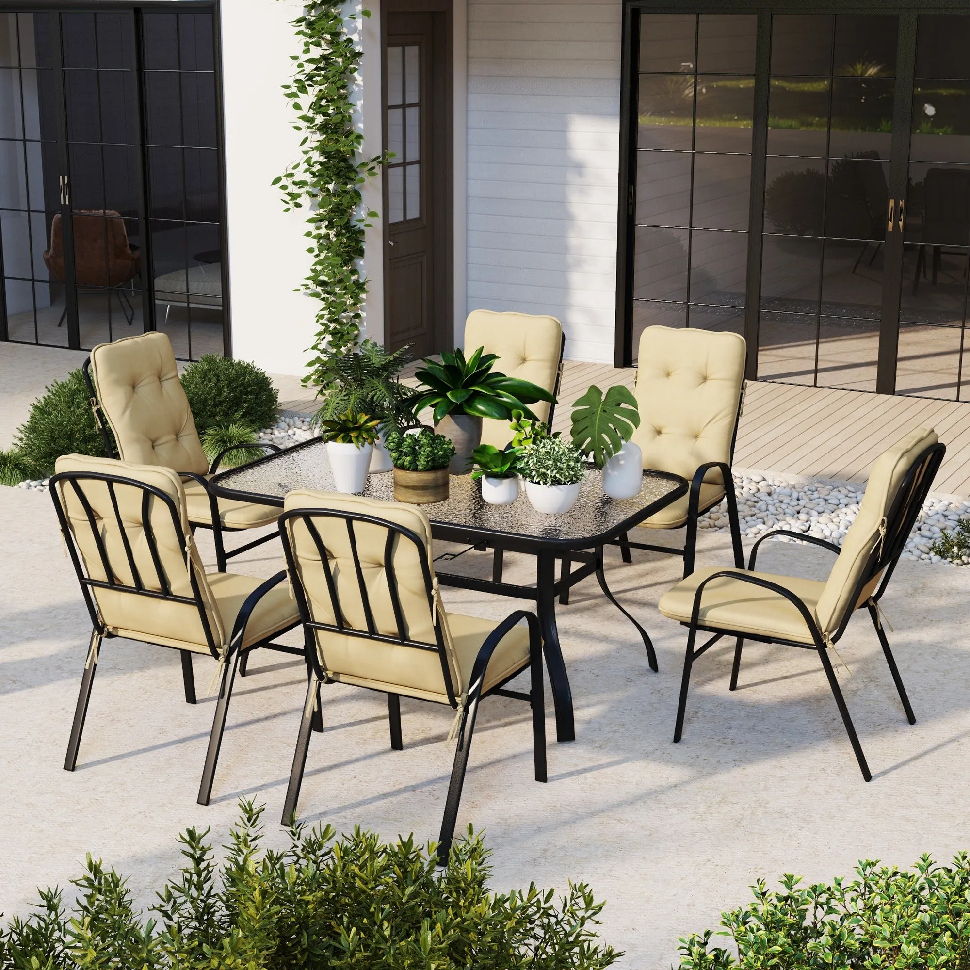 7 Piece Garden Dining Set, Outdoor Dining Table and 6 Cushioned Armchairs, Tempered Glass Top Table w/ Umbrella Hole, Texteline Seats, Beige