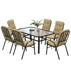 7 Piece Garden Dining Set, Outdoor Dining Table and 6 Cushioned Armchairs, Tempered Glass Top Table w/ Umbrella Hole, Texteline Seats, Beige