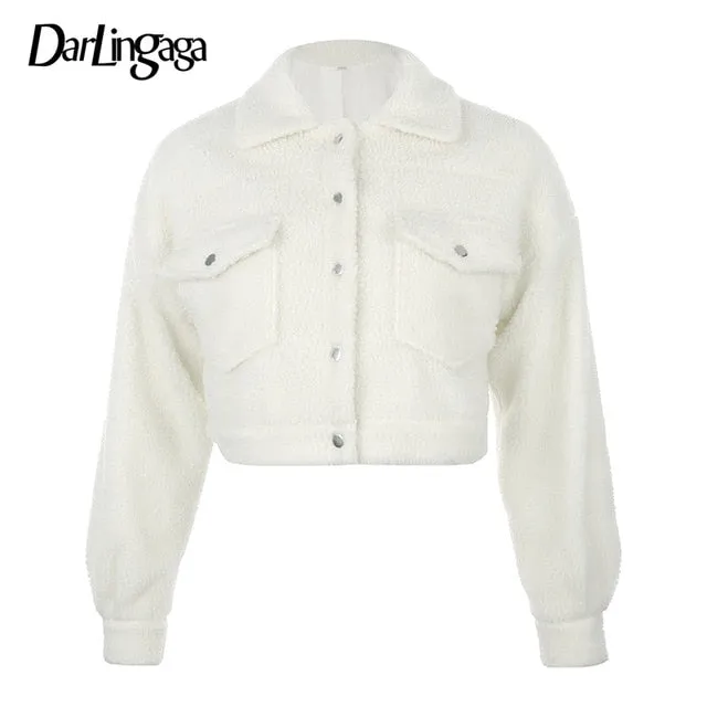 Autumn Winter Coat Fleece Shaggy Warm Cropped Overcoat Single Breasted Outerwear Jacket