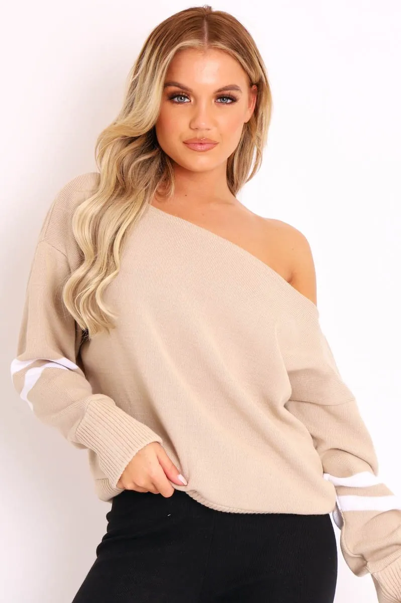 Beige Stripe Off Shoulder Knit Jumper - Fifi