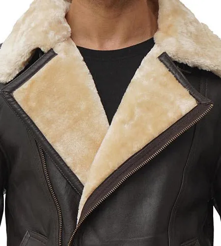 Brown Asymmetrical Shearling Men's Leather Coat