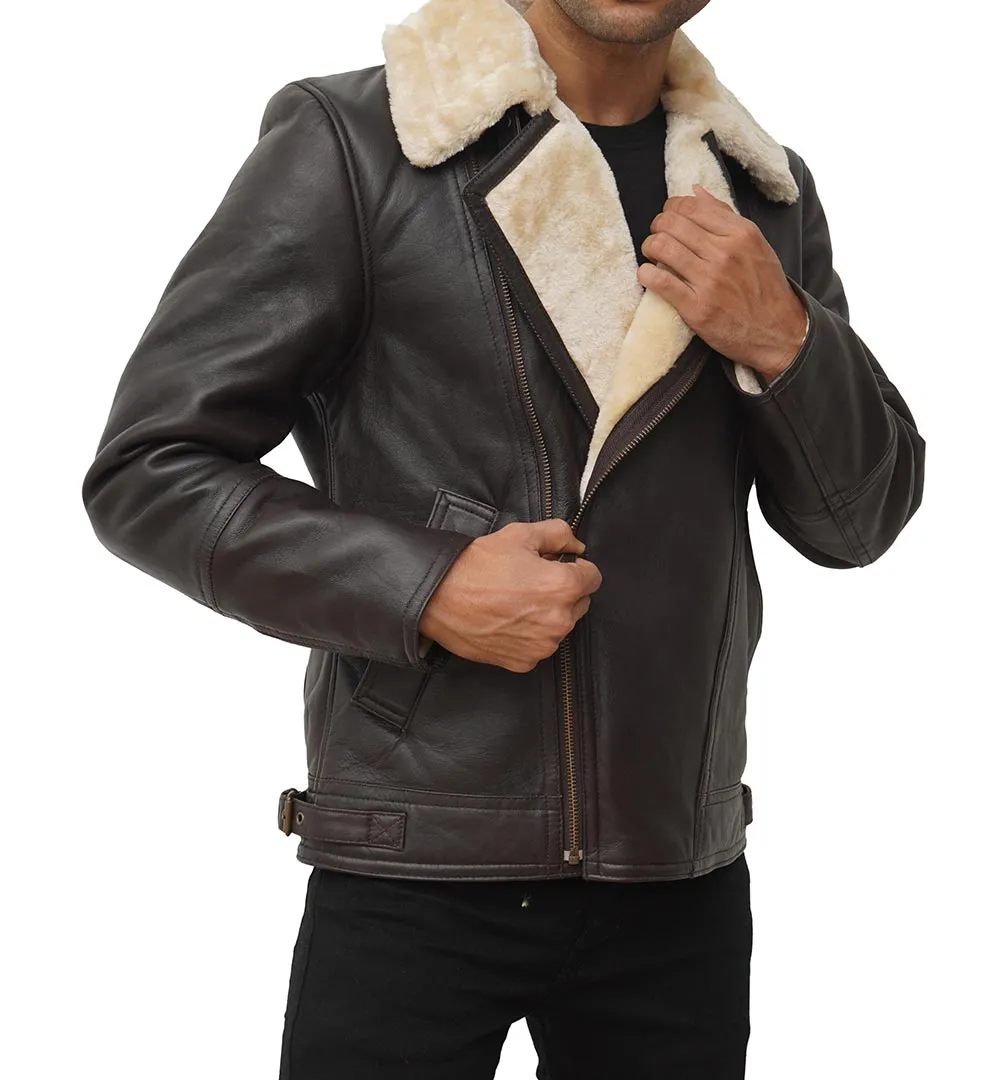 Brown Asymmetrical Shearling Men's Leather Coat