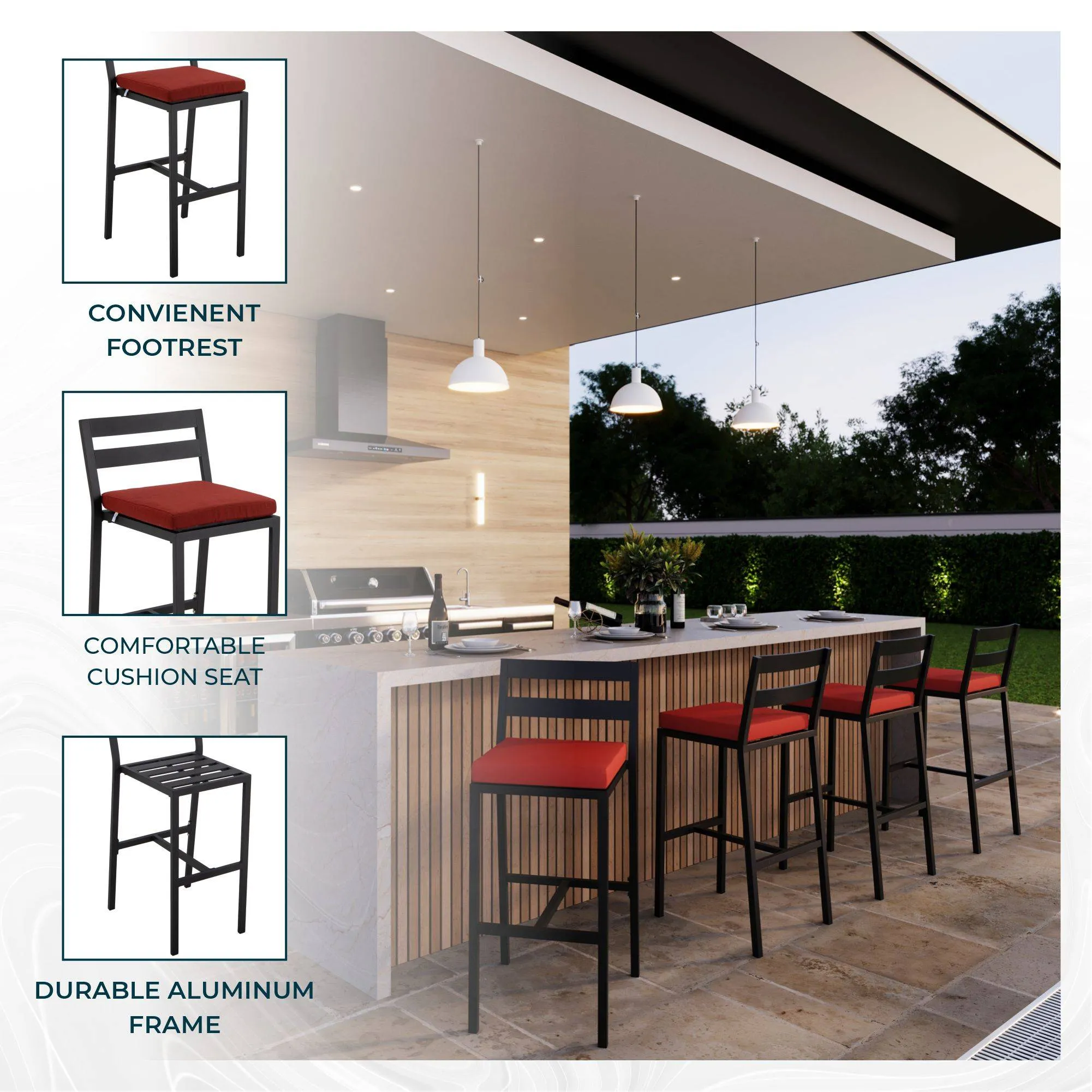 Chelsea Modern Patio Bar Chair in Powder-Coated Aluminum with Removable Cushion Set of 2