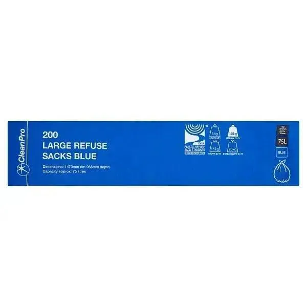 Clean Pro 200 Large Refuse Sacks Blue 75L