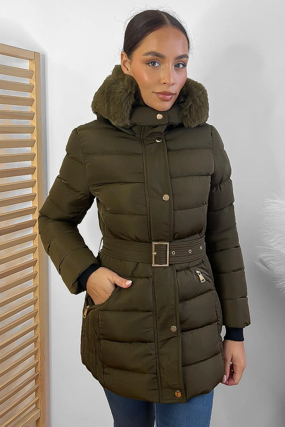 Gold Hardware Belted And Hooded Winter Jacket