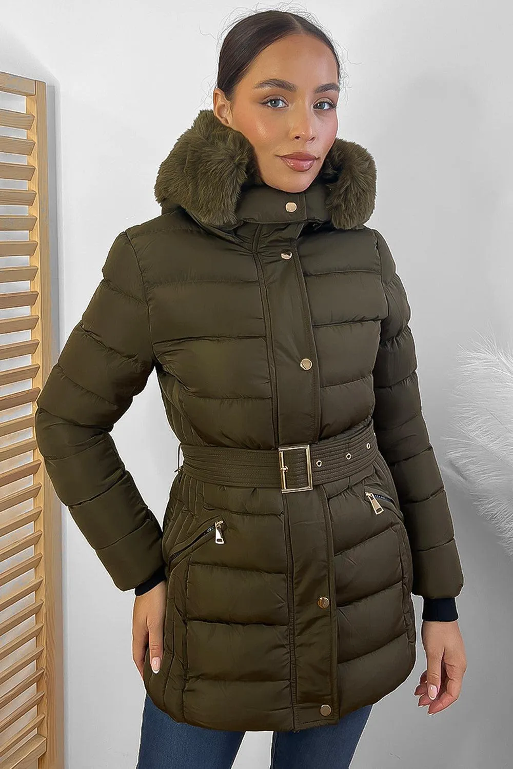 Gold Hardware Belted And Hooded Winter Jacket