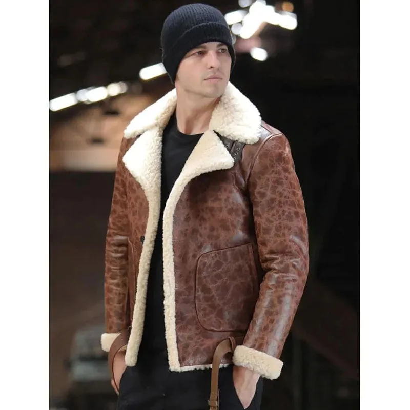 Mens Genuine Winter Airforce Aviator Sheepskin Leather Jacket