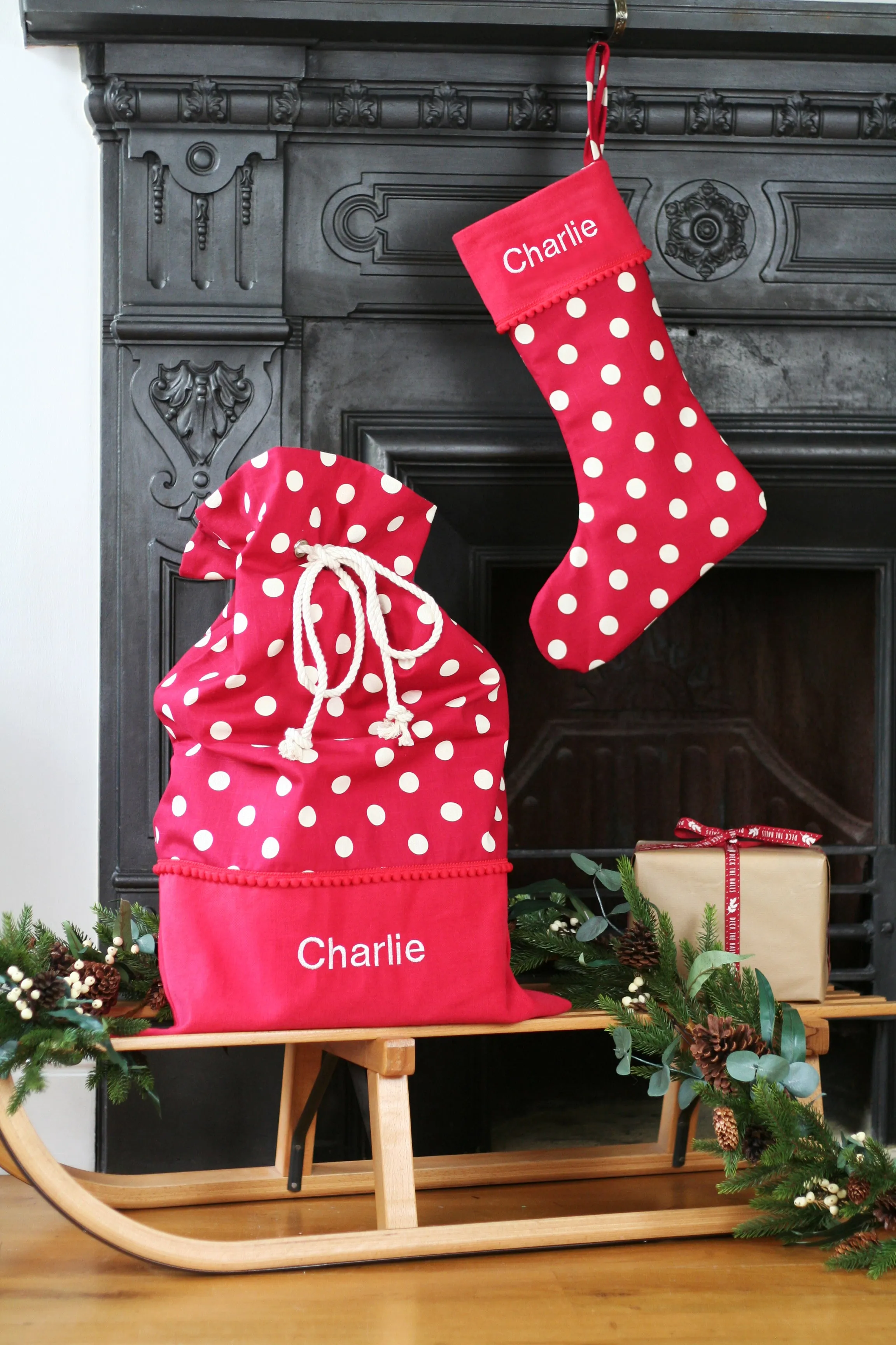 Personalised Christmas Stocking and Santa Sack Set WHITE SPOTS