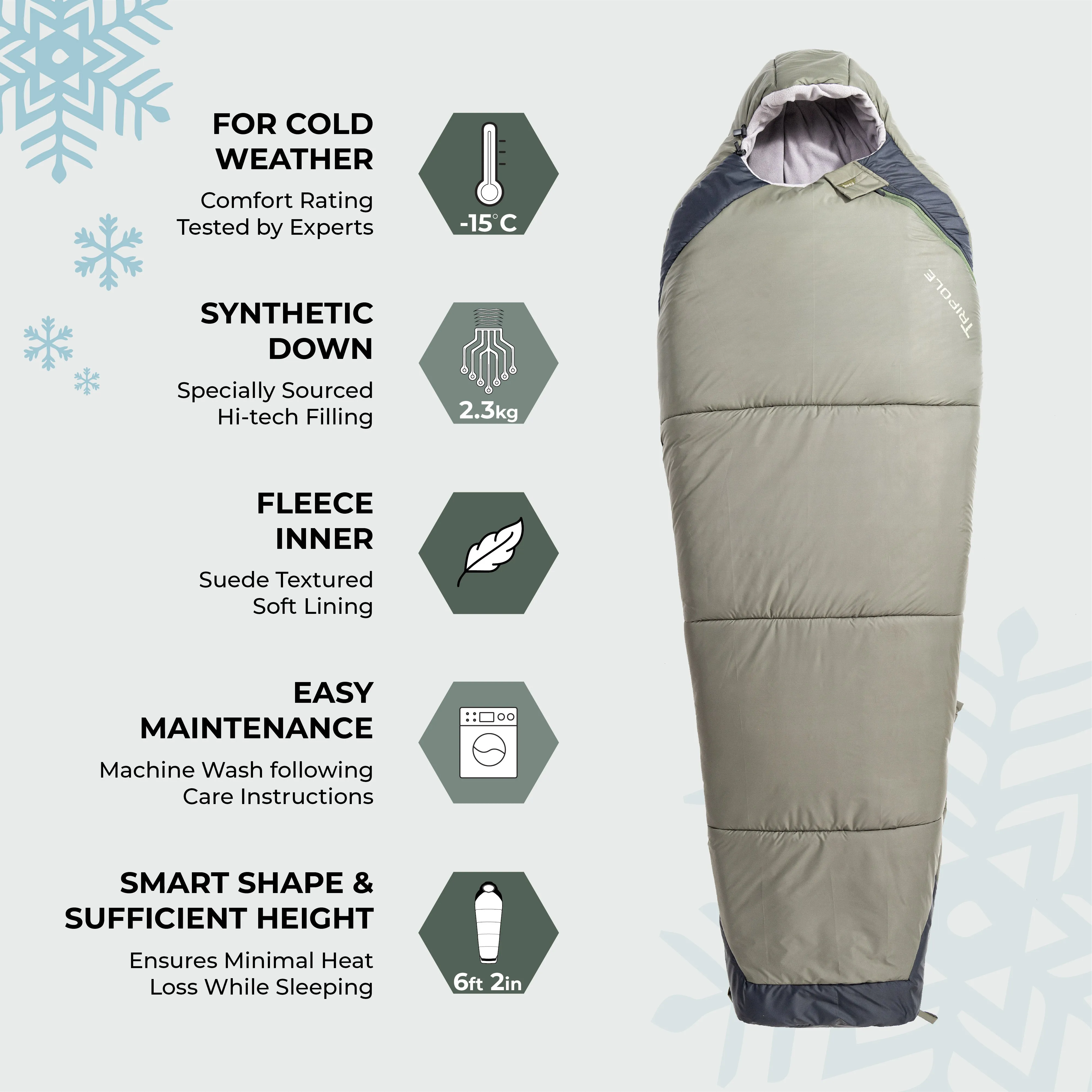 Tripole Zanskar Army Sleeping Bag with Fleece Lining for Cold Weather Trekking and Travelling | Mummy Shape | Water Repellent | 3 Year Warranty ( - 15°C Green)