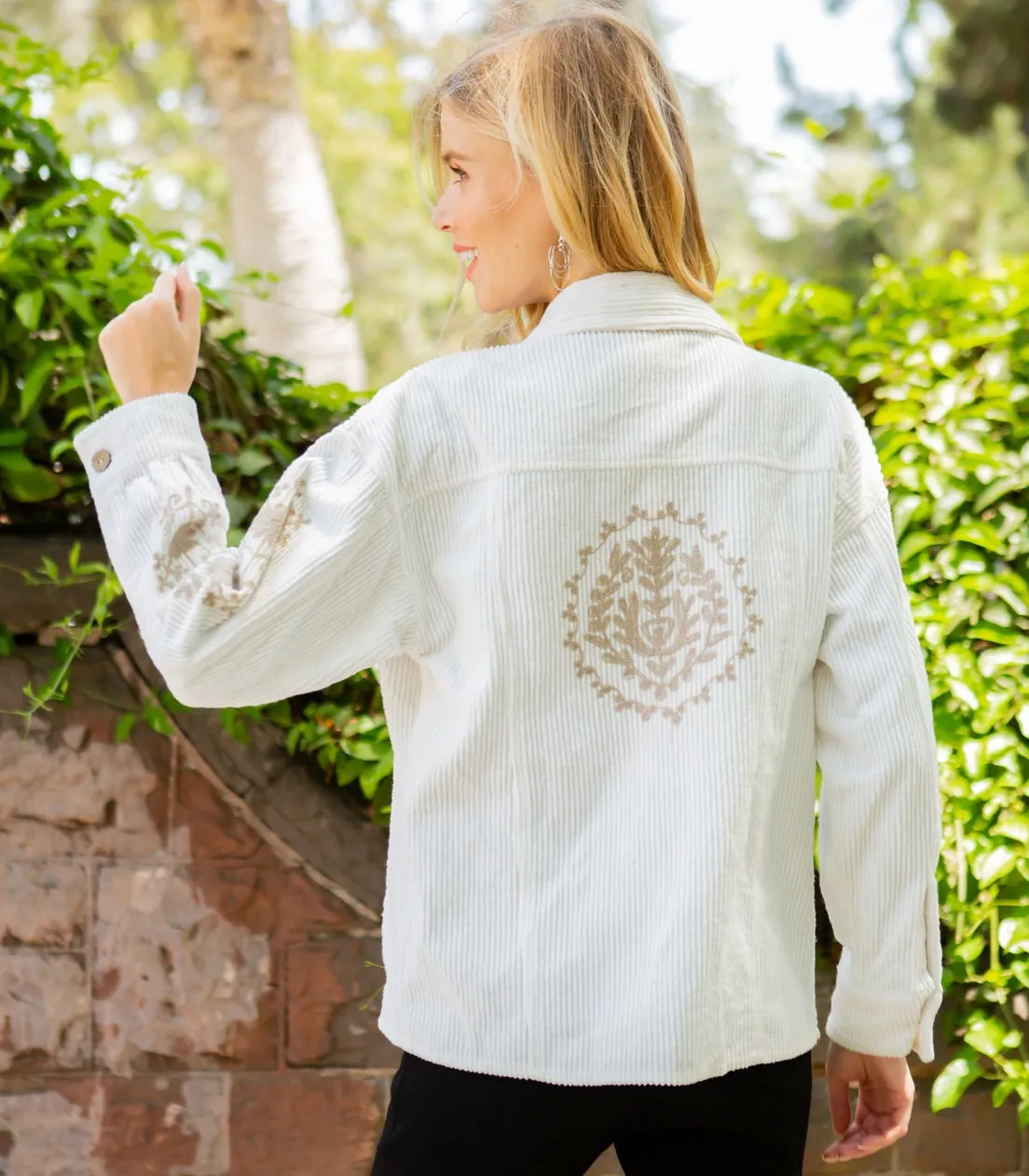 White Embroidered Corduroy Shirt/Jacket