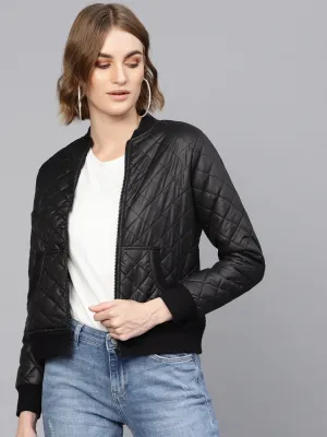 Women Black Quilted Bomber Jacket