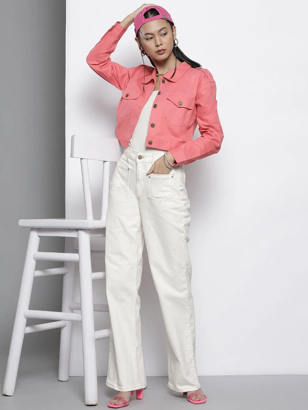 Women Pink Twill Crop Jacket