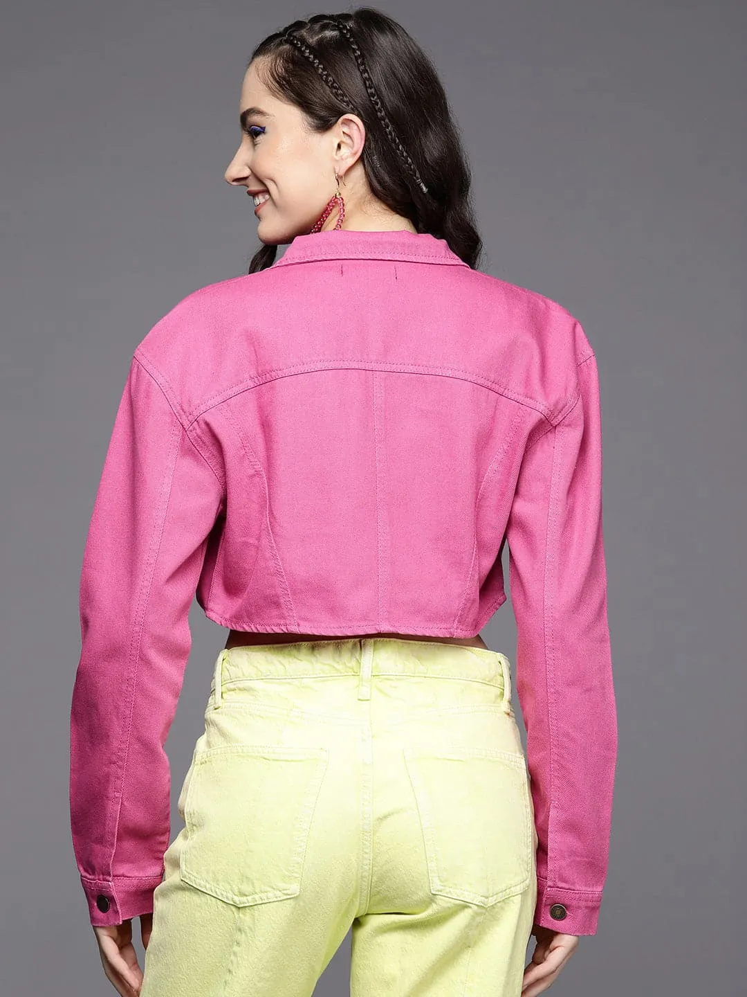 Women Pink Washed Denim Curved Hem Crop Jacket